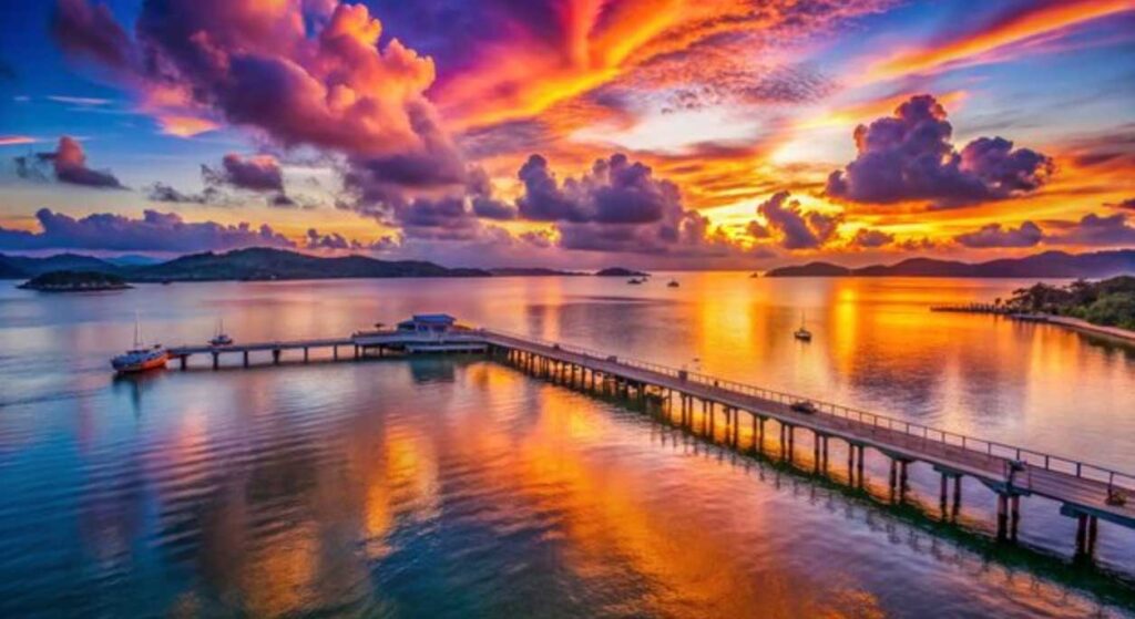 Breathtaking sunrise over Chalong Pier in Phuket, Thailand, with colorful skies reflecting on the calm ocean waters