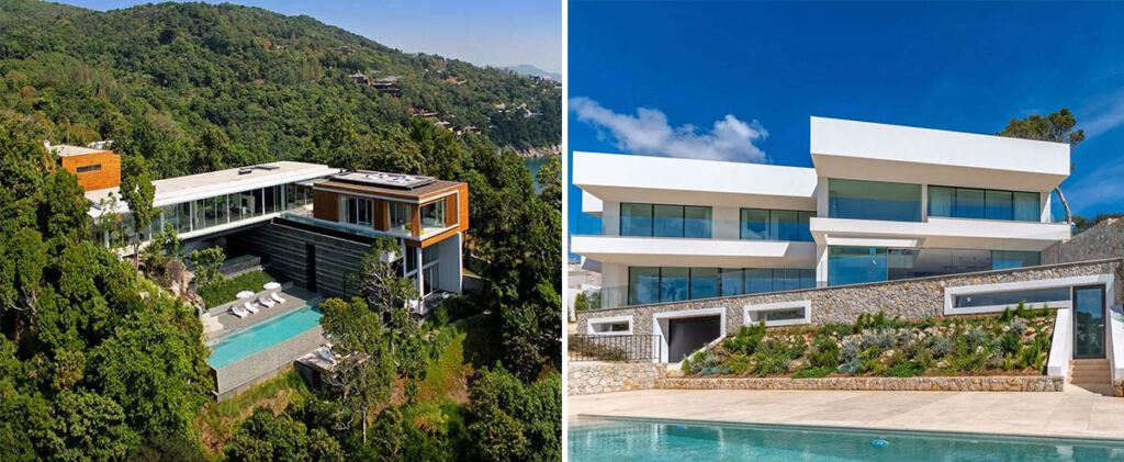 Side-by-side comparison of Villa Mayavee in Phuket and the Contemporary Sol de Mallorca Villa, showcasing their modern luxury architecture and oceanfront locations.